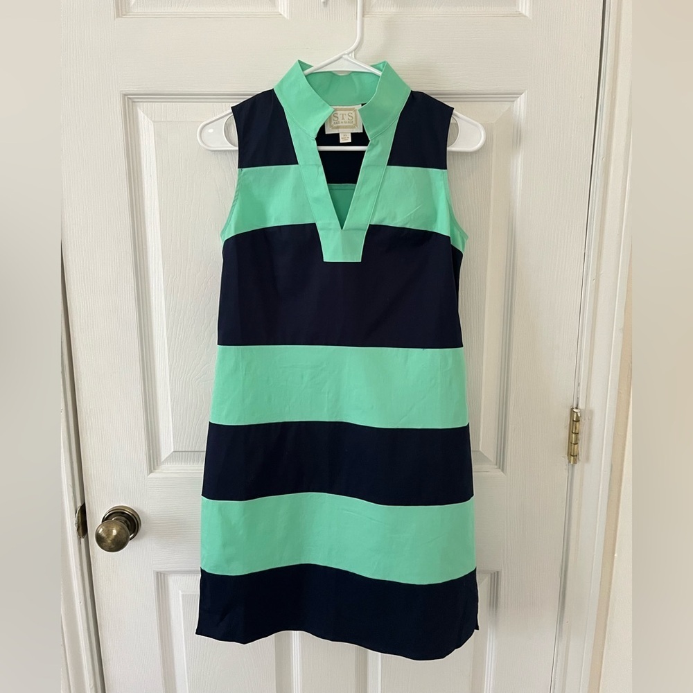 Sail to Sable Dark Navy and Green Striped Sleeveless Dress